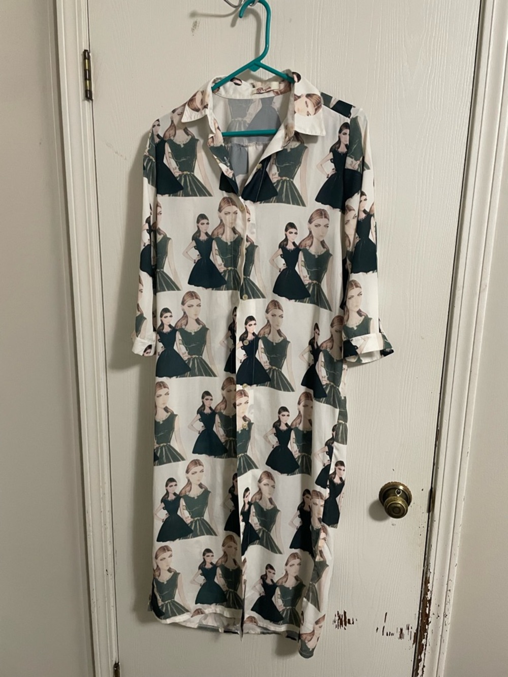 Aryeh White Shirt Dress with Dark Green Graphic Print